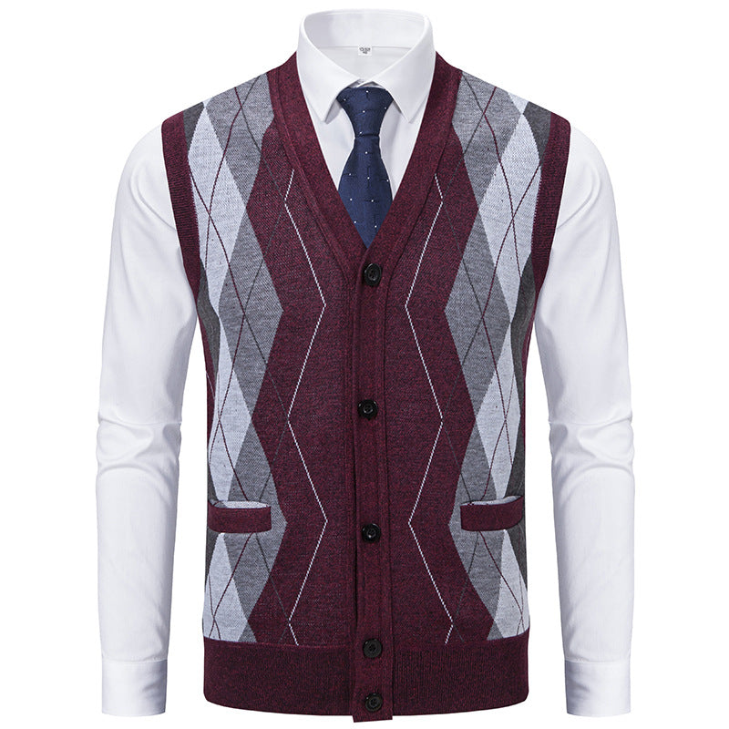 Herren Ärmellose Strickweste mit Rauten‑Muster, V‑Ausschnitt und Knopfleiste Drune