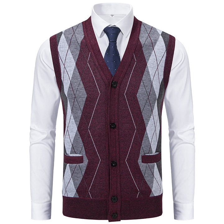 Herren Ärmellose Strickweste mit Rauten‑Muster, V‑Ausschnitt und Knopfleiste Drune