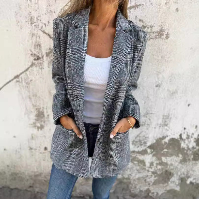 Damen nan oversized Karoblazer mit Reverskragen und aufgesetzten Taschen Drune
