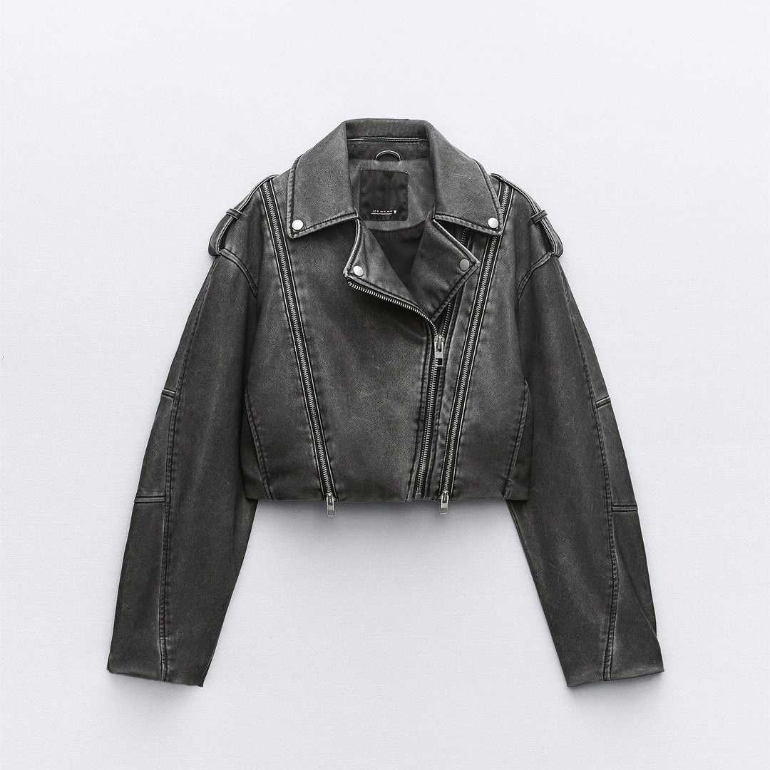 Damen Kurz geschnittene Bikerjacke aus Kunstleder mit asymmetrischer Reißverschlussfront und Oversized‑Boxy‑Silhouette Drune