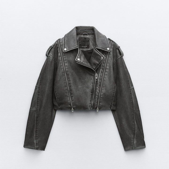 Damen Kurz geschnittene Bikerjacke aus Kunstleder mit asymmetrischer Reißverschlussfront und Oversized‑Boxy‑Silhouette Drune