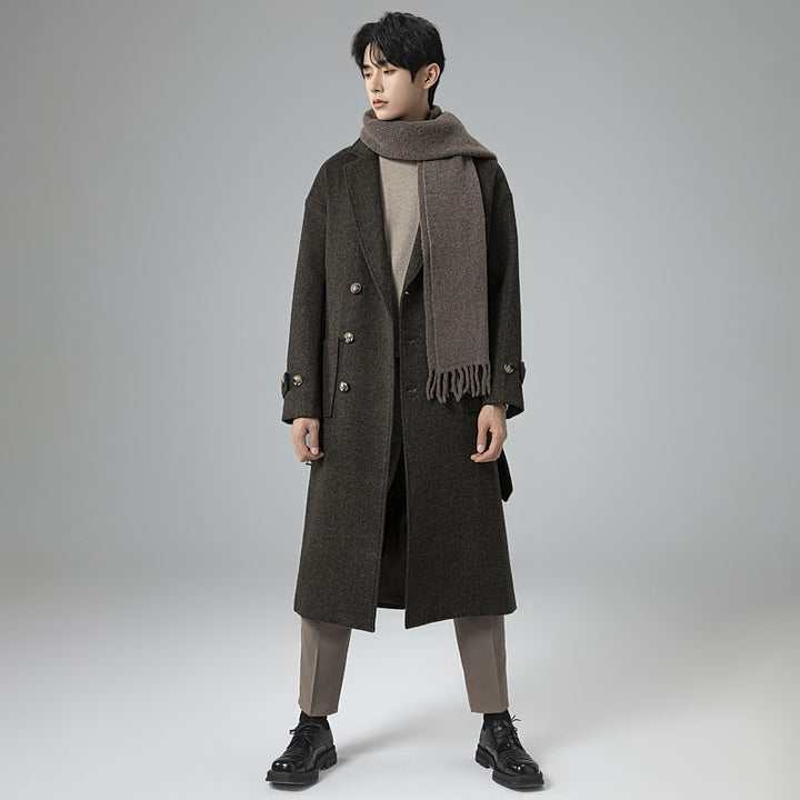 Herren Maxilanger Wollmix-Mantel im Tweed-Look mit Oversize-Schnitt, Doppelreihe und Bindegürtel Drune