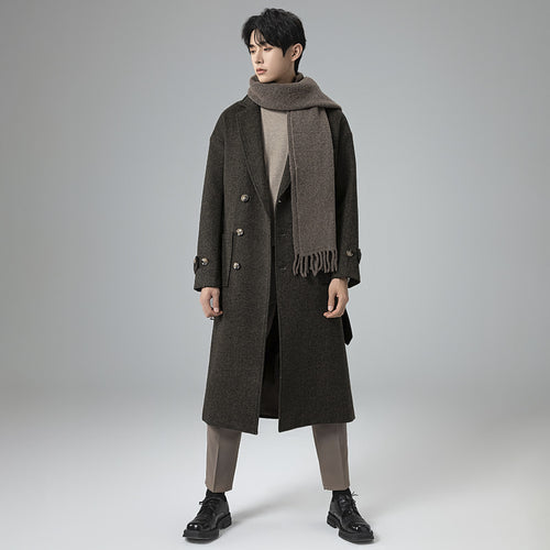 Herren Maxilanger Wollmix-Mantel im Tweed-Look mit Oversize-Schnitt, Doppelreihe und Bindegürtel Drune
