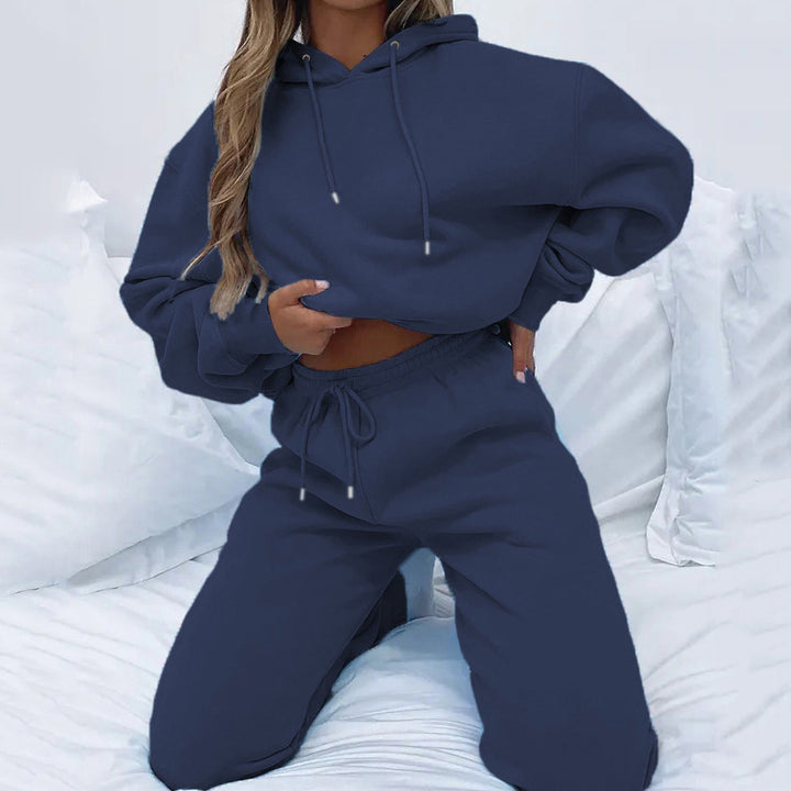 Damen kuscheliges Cropped-Kapuzen-Lounge-Set mit hochgeschnittener Tunnelzug-Jogginghose Drune