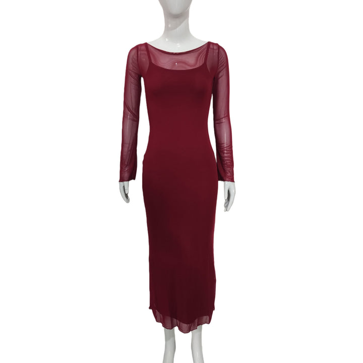 Damen Elegantes Stretch-Midaxi-Kleid mit Mesh-Ärmeln und integriertem Bustier Drune