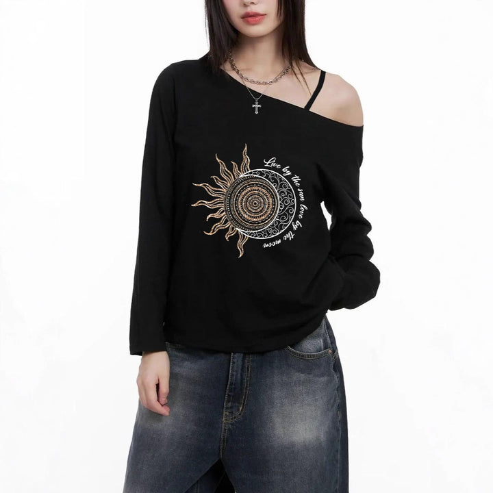Damen nan lässiges Off-Shoulder Langarmshirt mit asymmetrischem Ausschnitt und detailliertem Sonnen-Mond Mandala-Print Drune