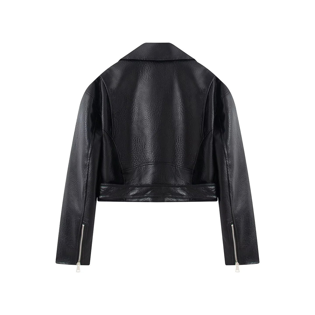 Damen nan cropped Bikerjacke aus veganem Lederimitat mit asymmetrischem Reißverschluss und Taillengürtel Drune