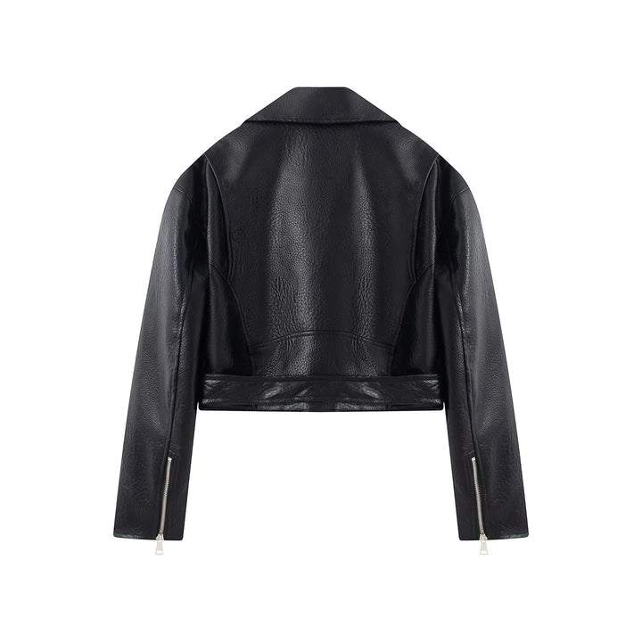 Damen nan cropped Bikerjacke aus veganem Lederimitat mit asymmetrischem Reißverschluss und Taillengürtel Drune