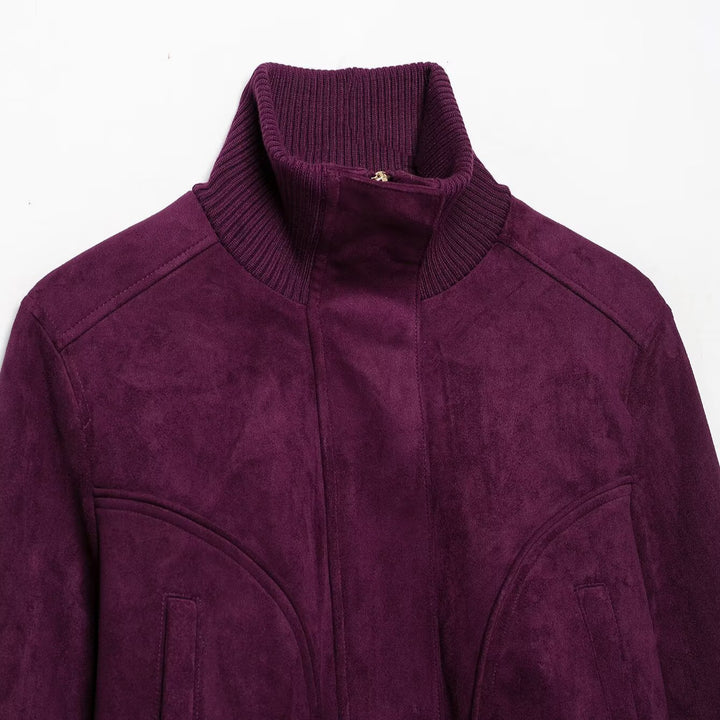 Damen Cropped Veloursjacke im Bomberstil mit hohem Rippkragen und Taillenbündchen Drune