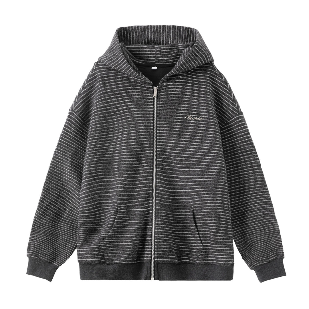Unisex Oversize Kapuzenjacke mit durchgehendem Reißverschluss, feiner Streifenstruktur und Kängurutasche Drune