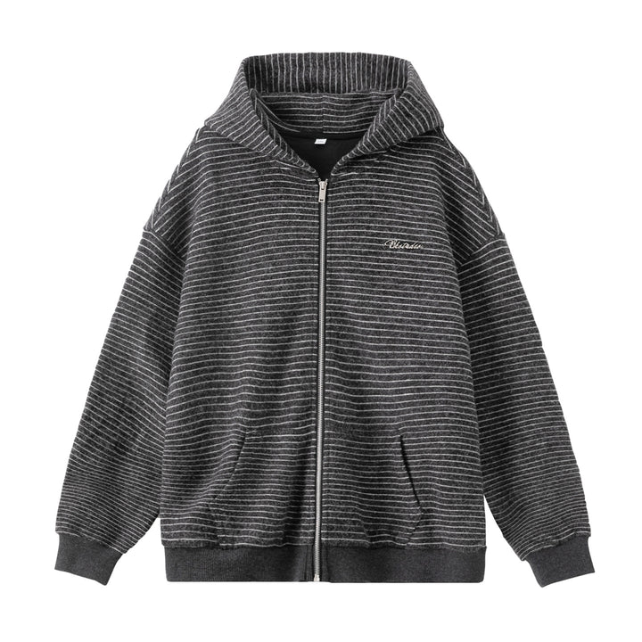 Unisex Oversize Kapuzenjacke mit durchgehendem Reißverschluss, feiner Streifenstruktur und Kängurutasche Drune