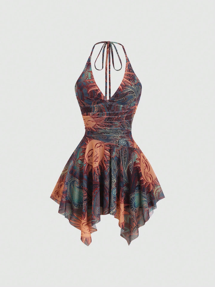 Damen lässiges Strandkleid mit asymmetrischem Saum und raffiniertem Druck Drune