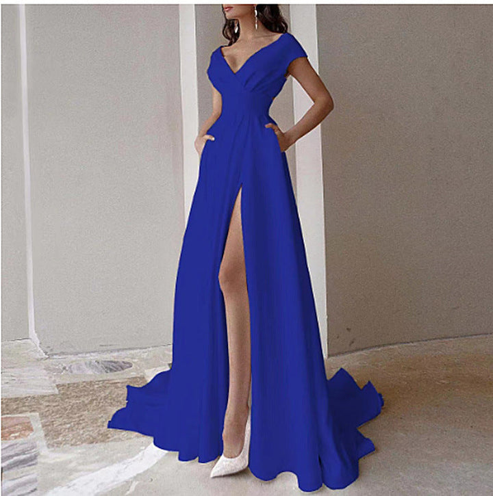 Damen elegantes Maxikleid mit tiefem V-Ausschnitt und seitlichem Schlitz Drune