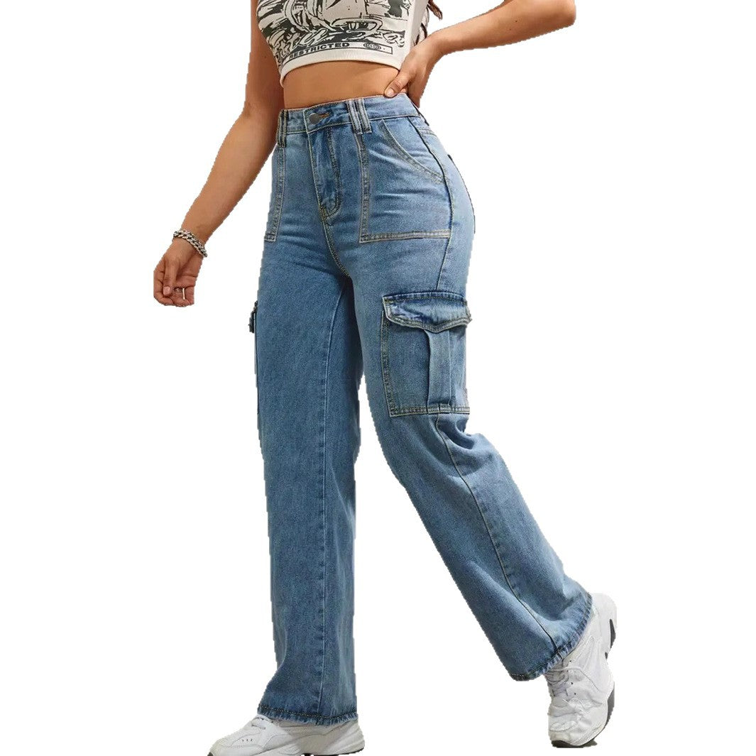 Damen hochtaillierte weite Cargo-Jeans mit aufgesetzten Taschen und geradem Bein Drune
