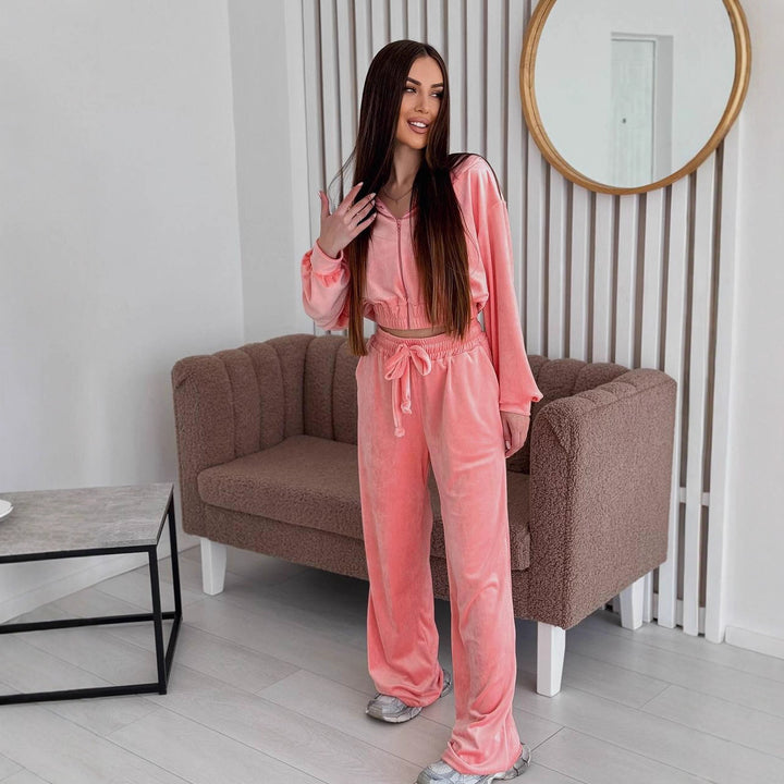Damen Zweiteiliges Samt-Loungewear-Set mit Cropped-Zipjacke und weiter High-Waist-Sweathose Drune