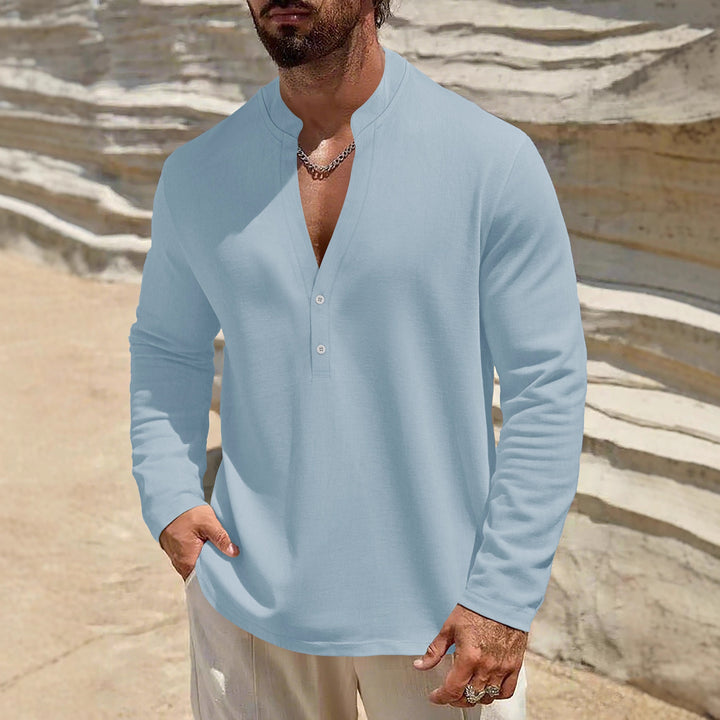 Herren Leichtes Leinen-Henley mit Stehkragen und 2-Knopf-Blende Drune