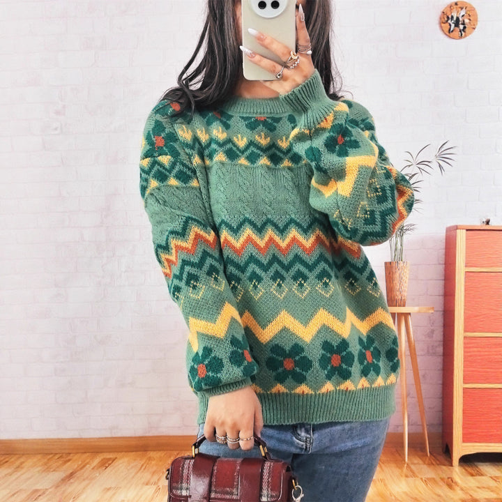 Damen Grobstrickpullover mit buntem geometrischen Muster Drune