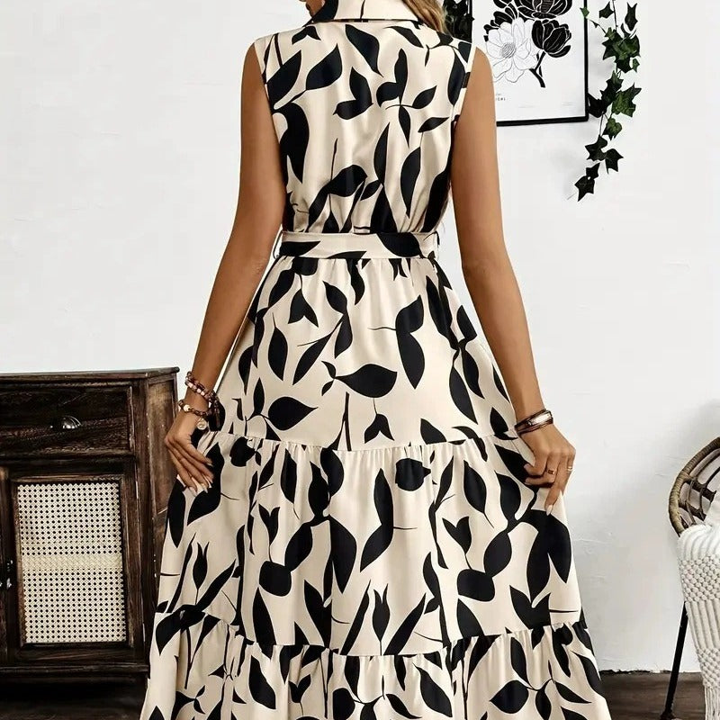 Damen Maxikleid mit geschichtetem Rock und elegantem Taillengürtel Drune