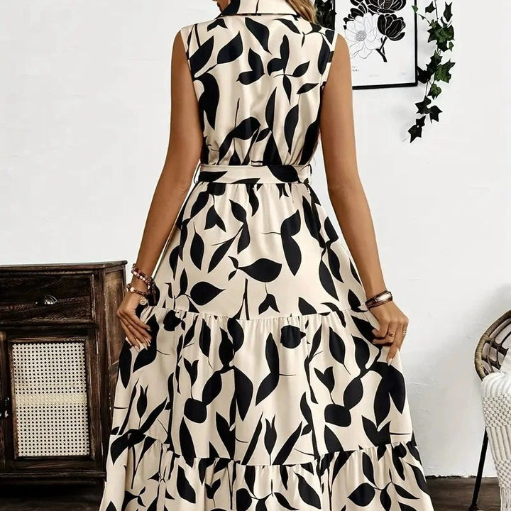 Damen Maxikleid mit geschichtetem Rock und elegantem Taillengürtel Drune