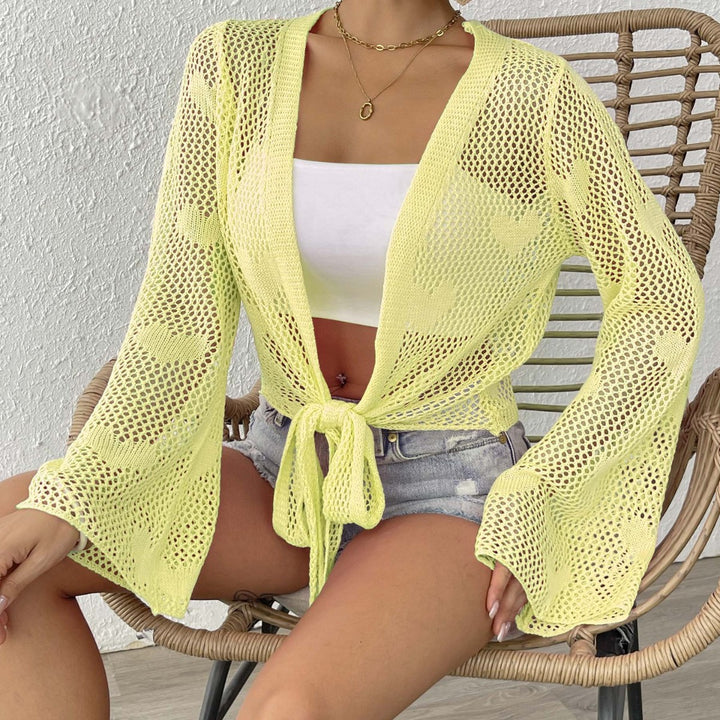 Damen luftiger Strick-Kimono mit offener Front und Kordelzug Drune