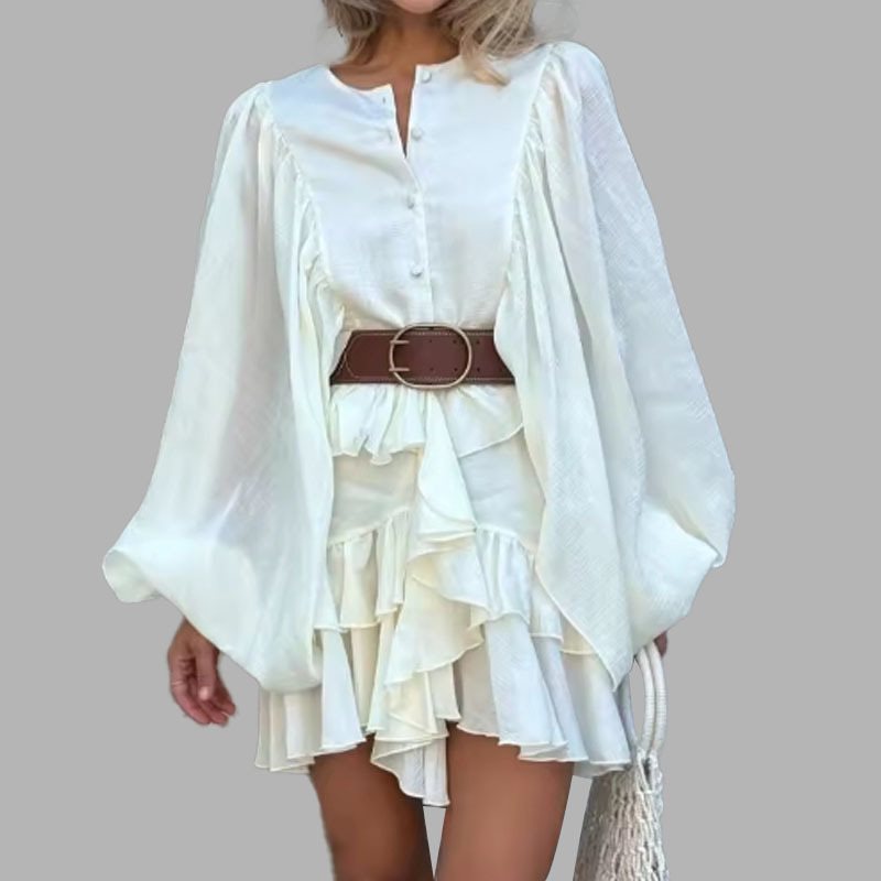 Damen verspieltes Rüschensommerkleid mit ballonförmigen Ärmeln und Knopfdetail Drune