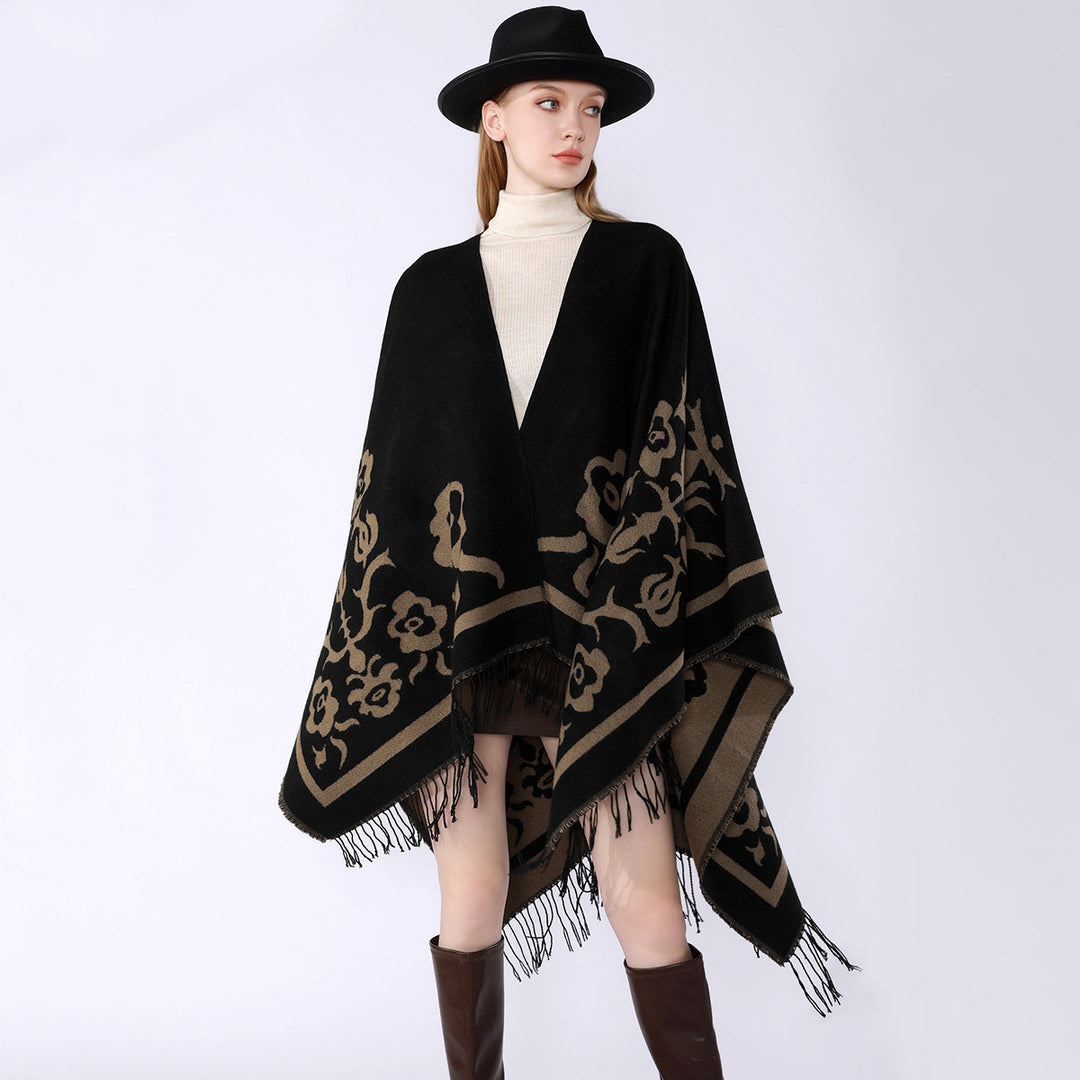 Damen Umhangponcho mit floralen Jacquard-Panels und Fransensaum Drune