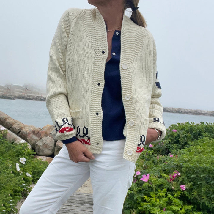 Damen Oversize Strickcardigan mit Walmotiv und nautischer Kontrastbordüre Drune