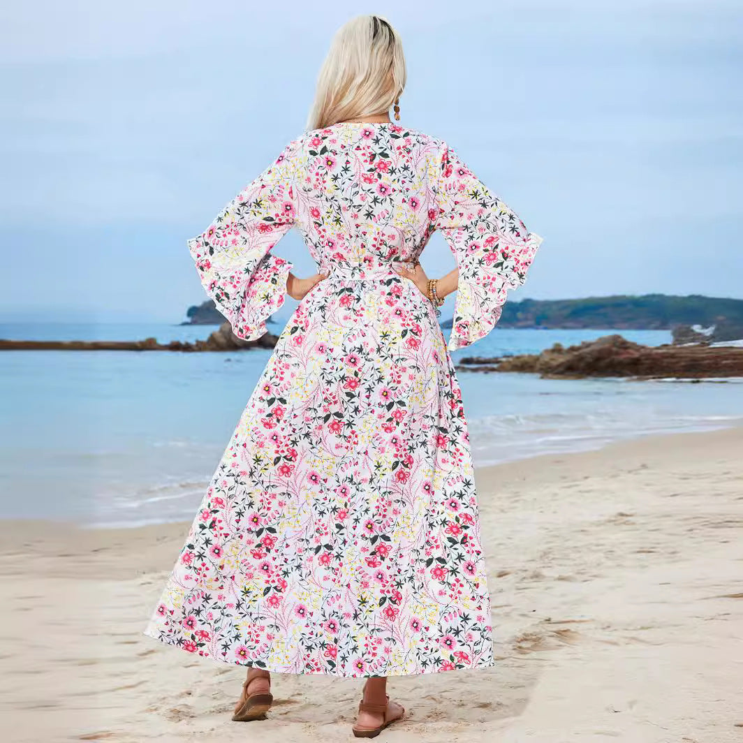 Damen Langarm Maxikleid mit floralem Design und Schlitz Drune