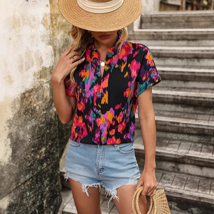 Damen Leichte Oversize Tunika‑Bluse mit Stehkragen, Cap‑Ärmeln und großem Blumenprint Drune