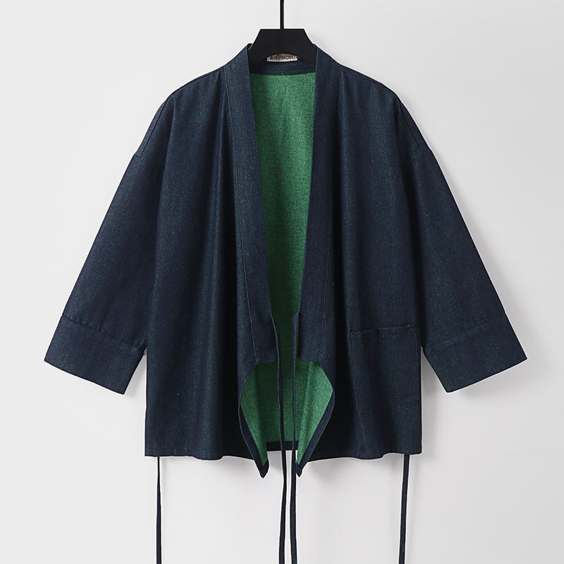 Damen Leichte zweifarbige Kimono-Jacke mit Bindebändern und kontrastiertem Innenfutter Drune