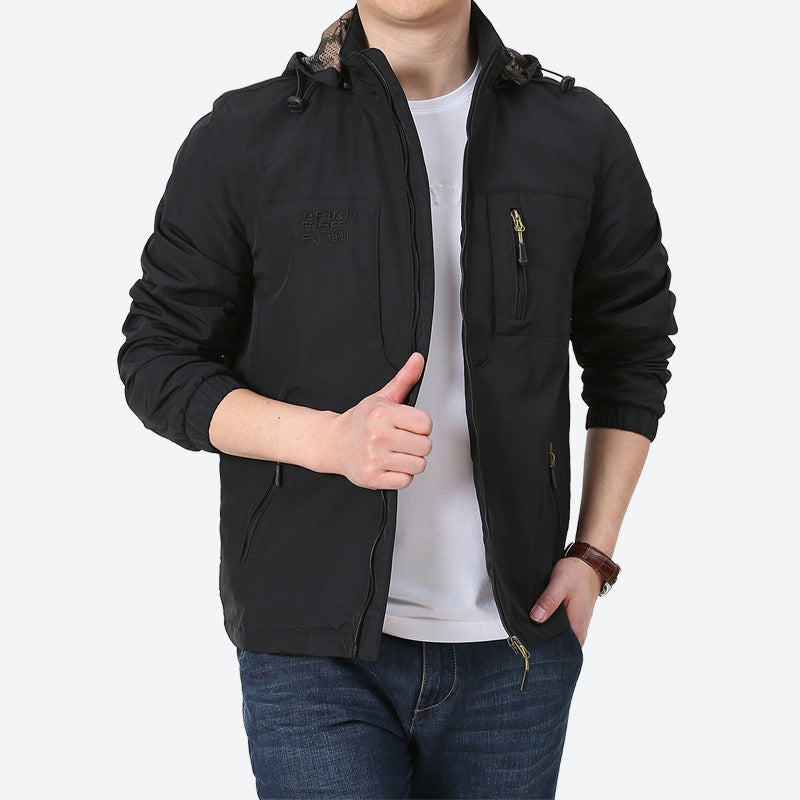 Herren Windabweisende Microfaser-Utilityjacke mit Kapuze und Mehrfach-Reißverschlusstaschen Drune