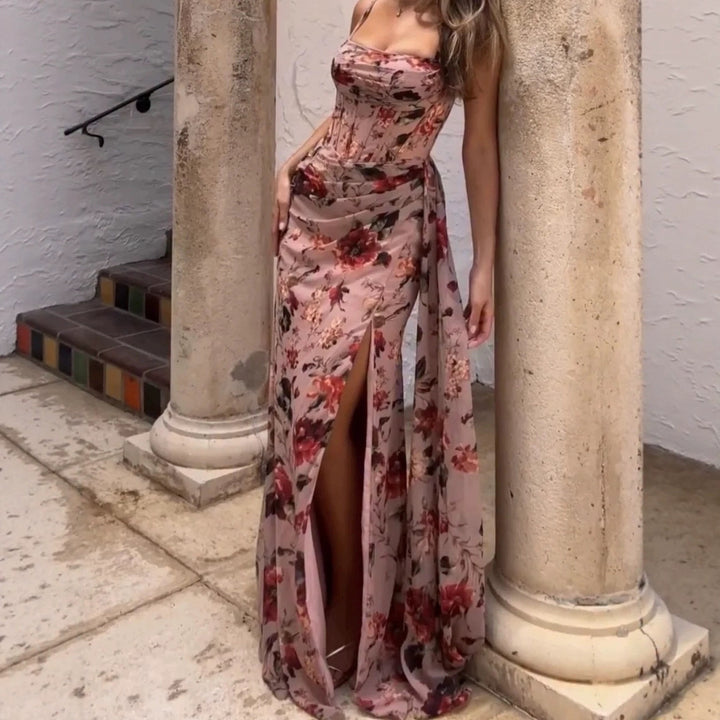Damen Elegantes Maxikleid mit floralen Mustern und seitlichem Schlitz Drune