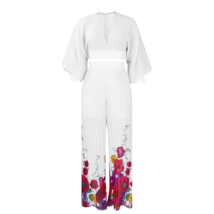Damen Jumpsuit mit voluminösen Ärmeln und floralem Saum Drune