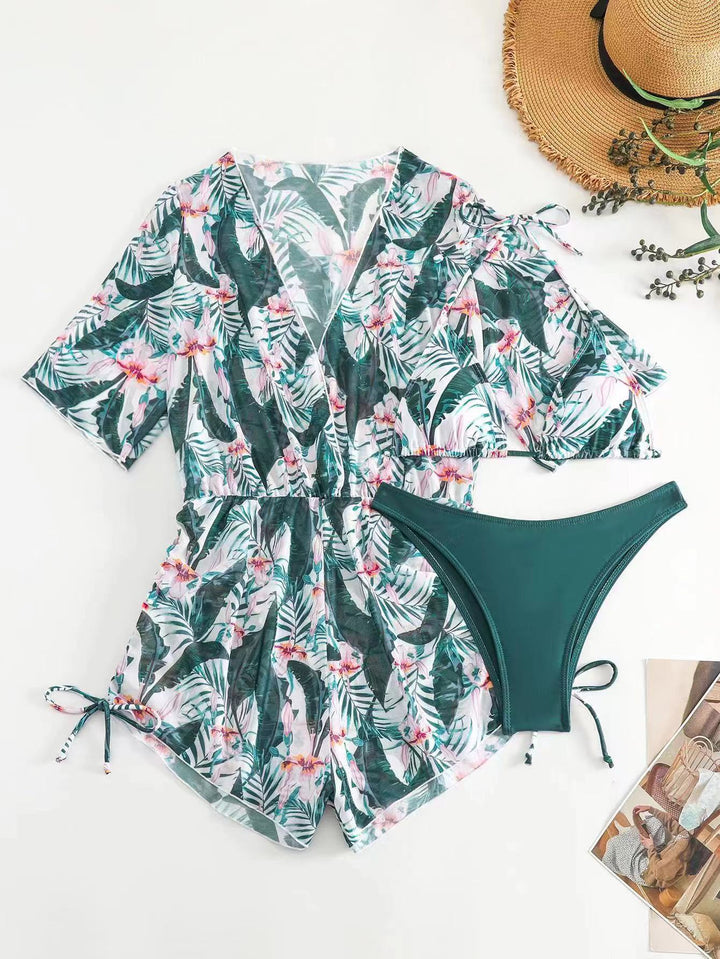Damen Badeset mit floralem Wickeloberteil und Triangel-Bikini Drune