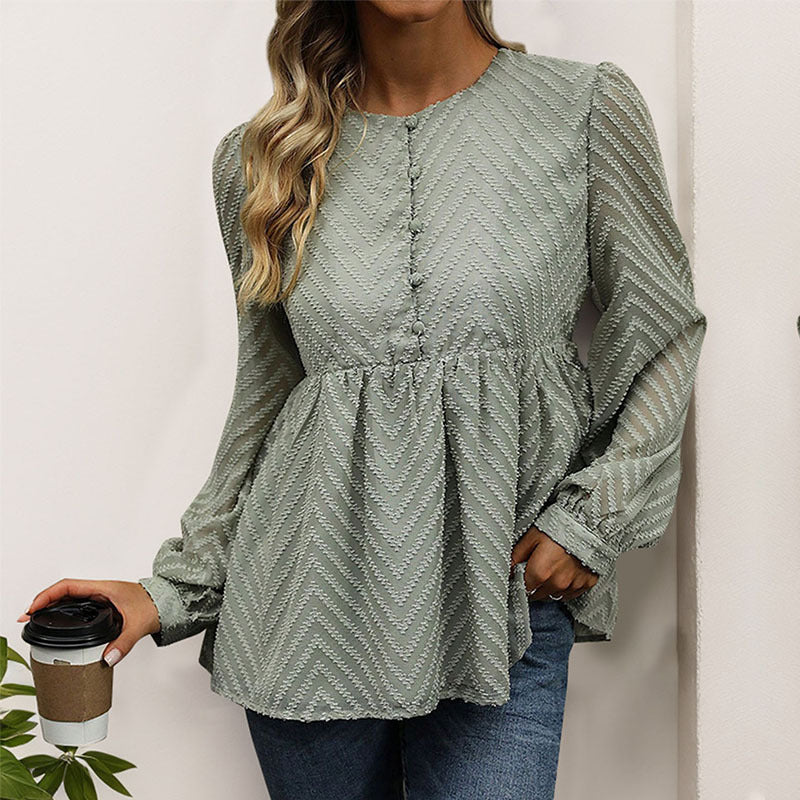 Damen Chiffon-Peplum-Bluse mit Chevron-Struktur, geraffter Empire-Taille & Knopfleiste Drune