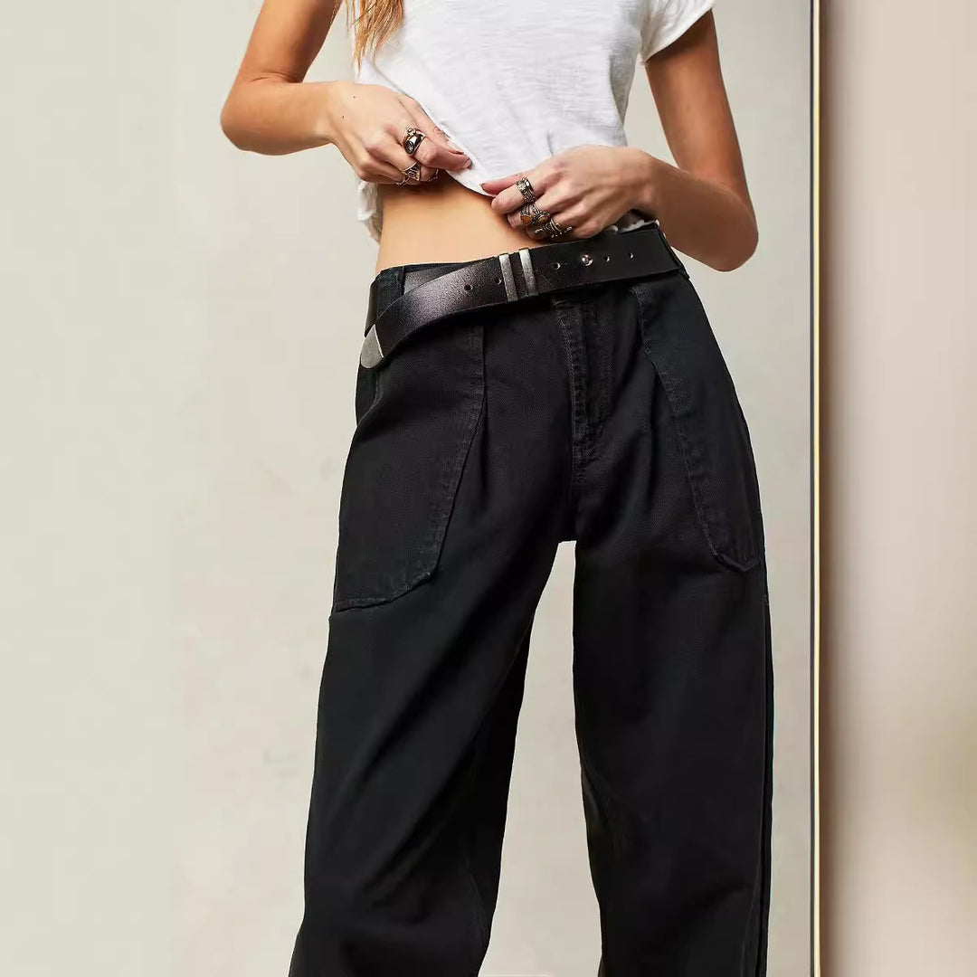 Damen nan weite High-Waist Baggy-Jeans mit tiefem Schritt, Five-Pocket Design und extra-langen Beinen Drune