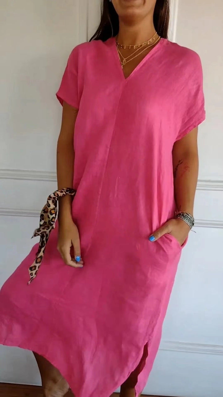 Damen Viskose-Leinen Kleid mit tiefem V-Ausschnitt und praktischen Taschen Drune