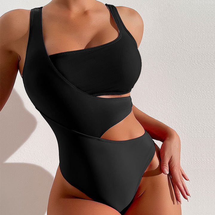 Damen Einteiler Badeanzug mit asymmetrischem Design und bunten Kontrastflächen Drune