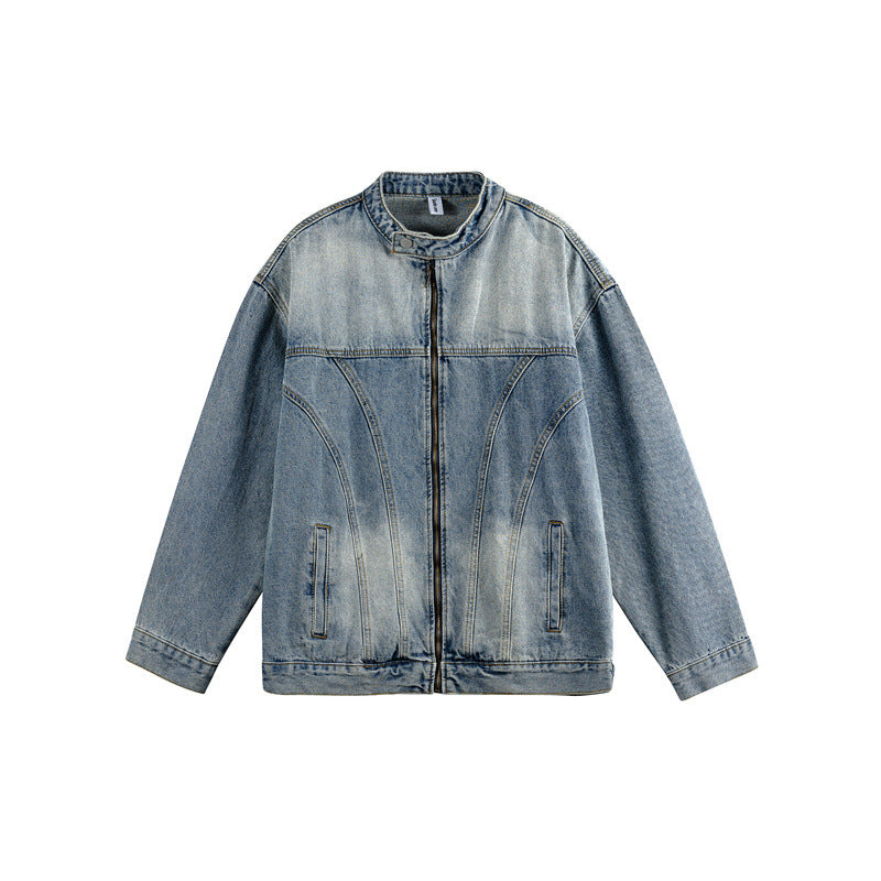 Unisex Boxy-Jeansjacke im Workwear-Stil mit geschwungener Teilnaht und Stehkragen Drune