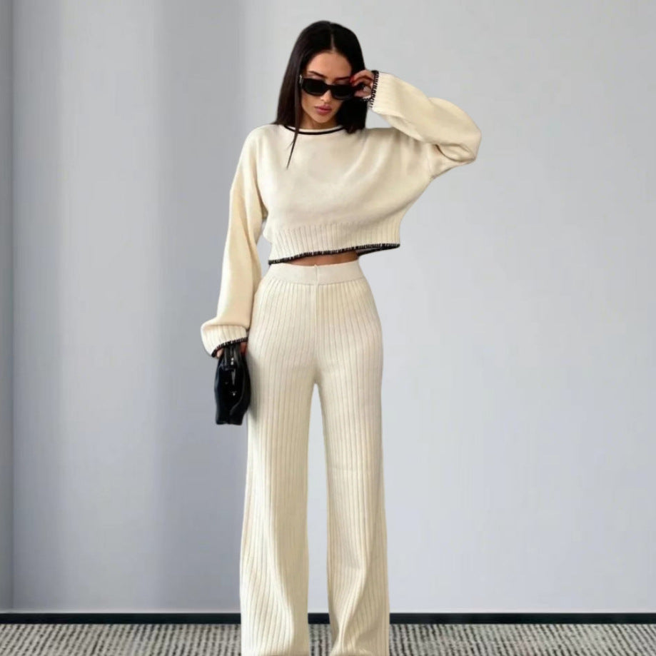 Damen elegantes Strickanzug mit weitem Bein und romantischen Ärmeln Drune