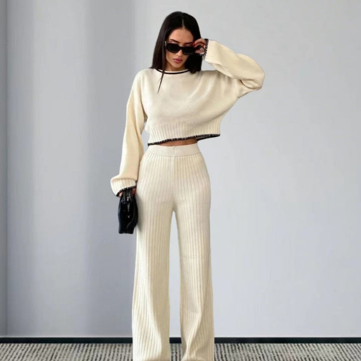 Damen elegantes Strickanzug mit weitem Bein und romantischen Ärmeln Drune
