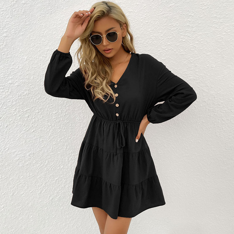 Damen Gestuftes Viskose-Minikleid mit Taillenschnur und Knopfdetail Drune