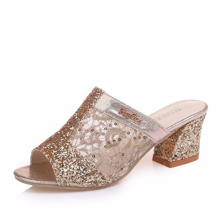 Damen nan elegante offene Pantolette mit feinem Netz, funkelnden Applikationen und mittelhohem Blockabsatz Drune