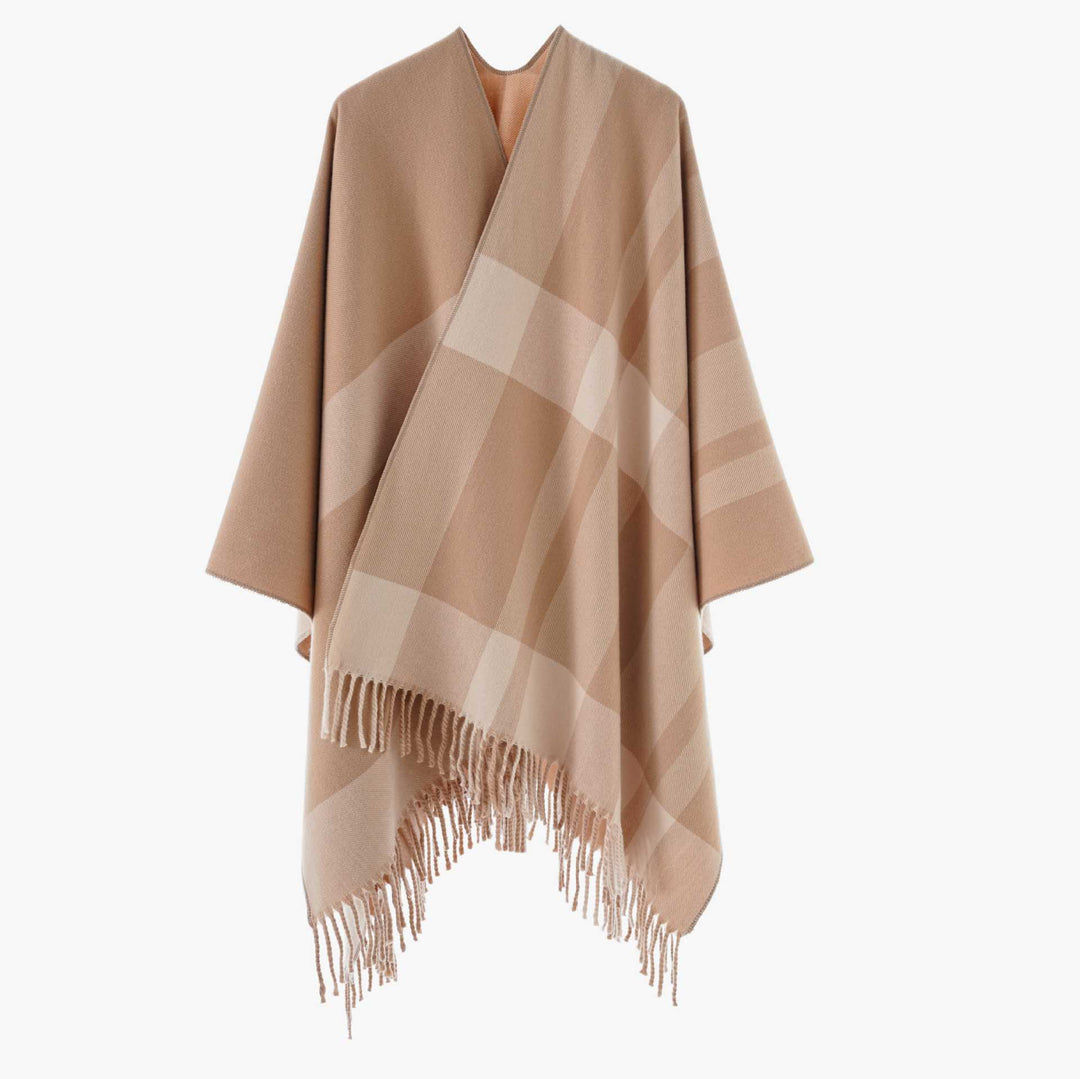 Damen Oversize-Cape mit Glencheck-Muster und Fransenabschluss Drune