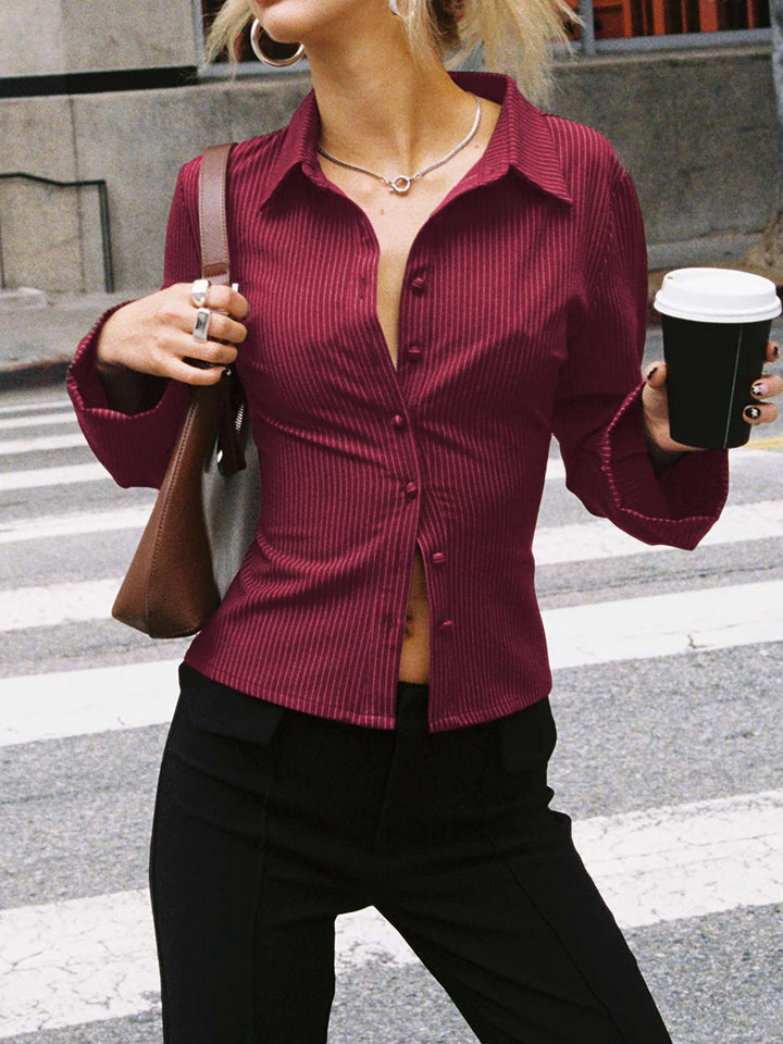 Damen taillierte Hemdbluse mit Klappkragen und feinen Streifen Drune