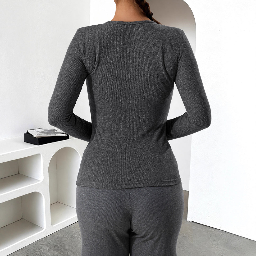 Damen Geripptes Henley-Langarmshirt mit Knopfleiste und figurnahem Schnitt Drune