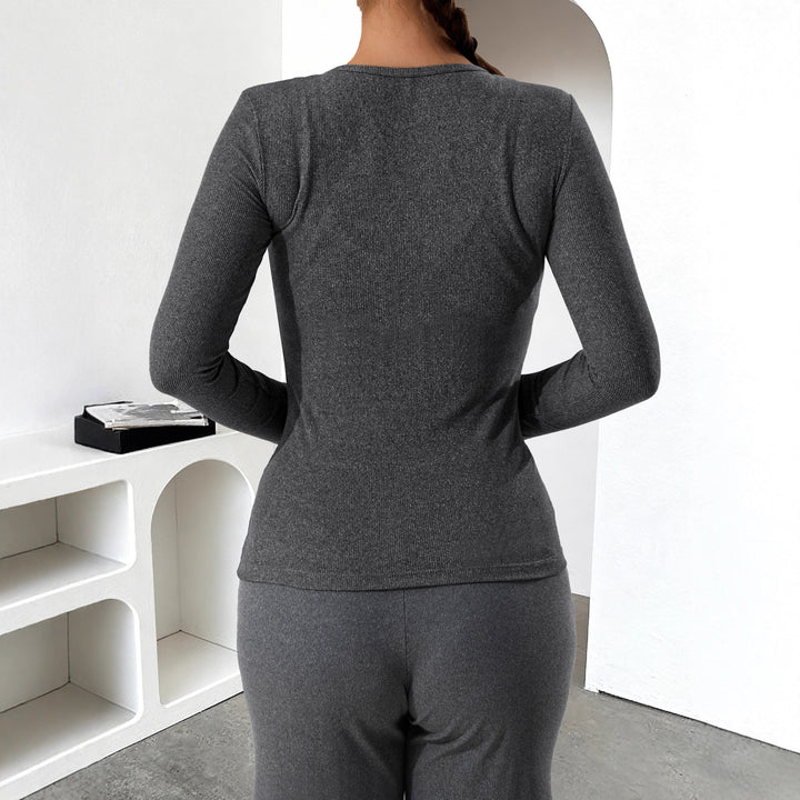 Damen Geripptes Henley-Langarmshirt mit Knopfleiste und figurnahem Schnitt Drune