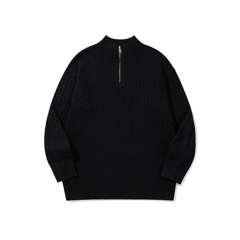 Unisex Oversize Zopfstrick-Halbzippullover mit kurzem Stehkragen und breitem Rippbund Drune
