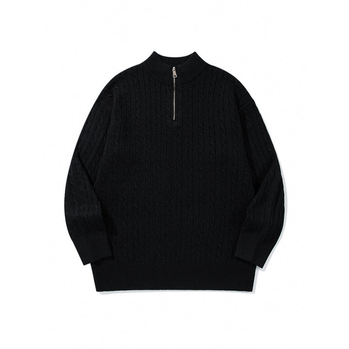 Unisex Oversize Zopfstrick-Halbzippullover mit kurzem Stehkragen und breitem Rippbund Drune