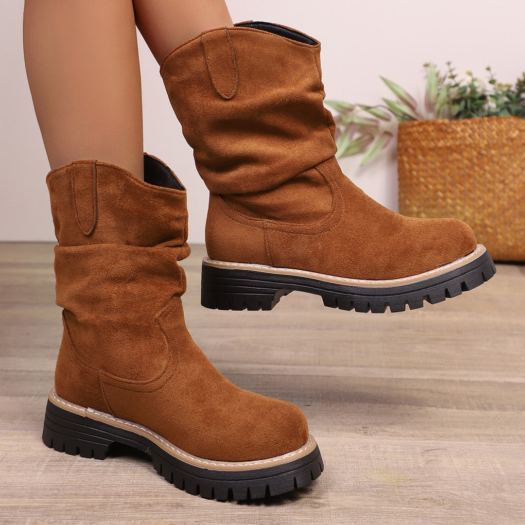 Damen weiche Wildleder-Stiefel mit lässigem Faltenlook und robuster Profilsohle Drune